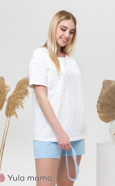 Піжама для вагітних та годуючих мам oversize футболка та шорти Janice розмір XL Юла Мама Білий+Блакитний 11716 фото